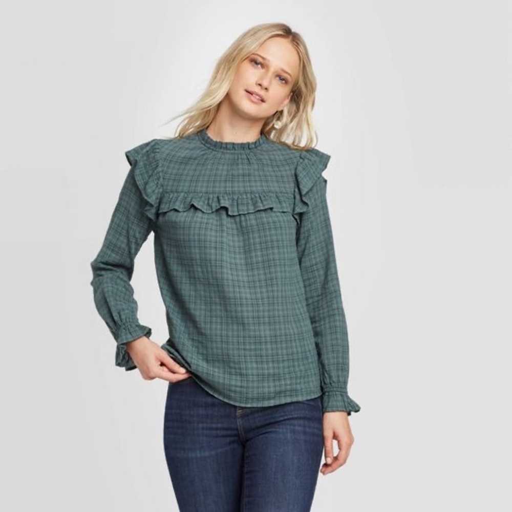 Universal Thread Plaid Green Ruffle Blouse NWOT L